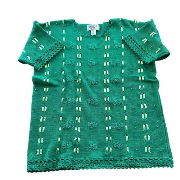 Cervelle Green Crochet Trim Whimsical Knit Sweater Ribbon Embroidered Floral L - Picture 4 of 15